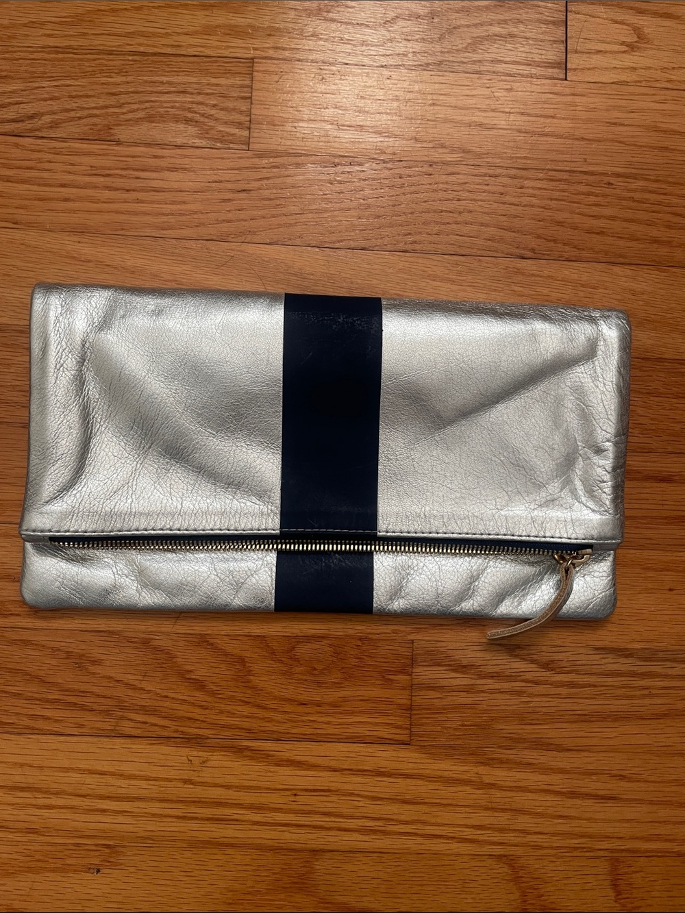 Metallic Silver Fold-Over Clutch with Navy Stripe
